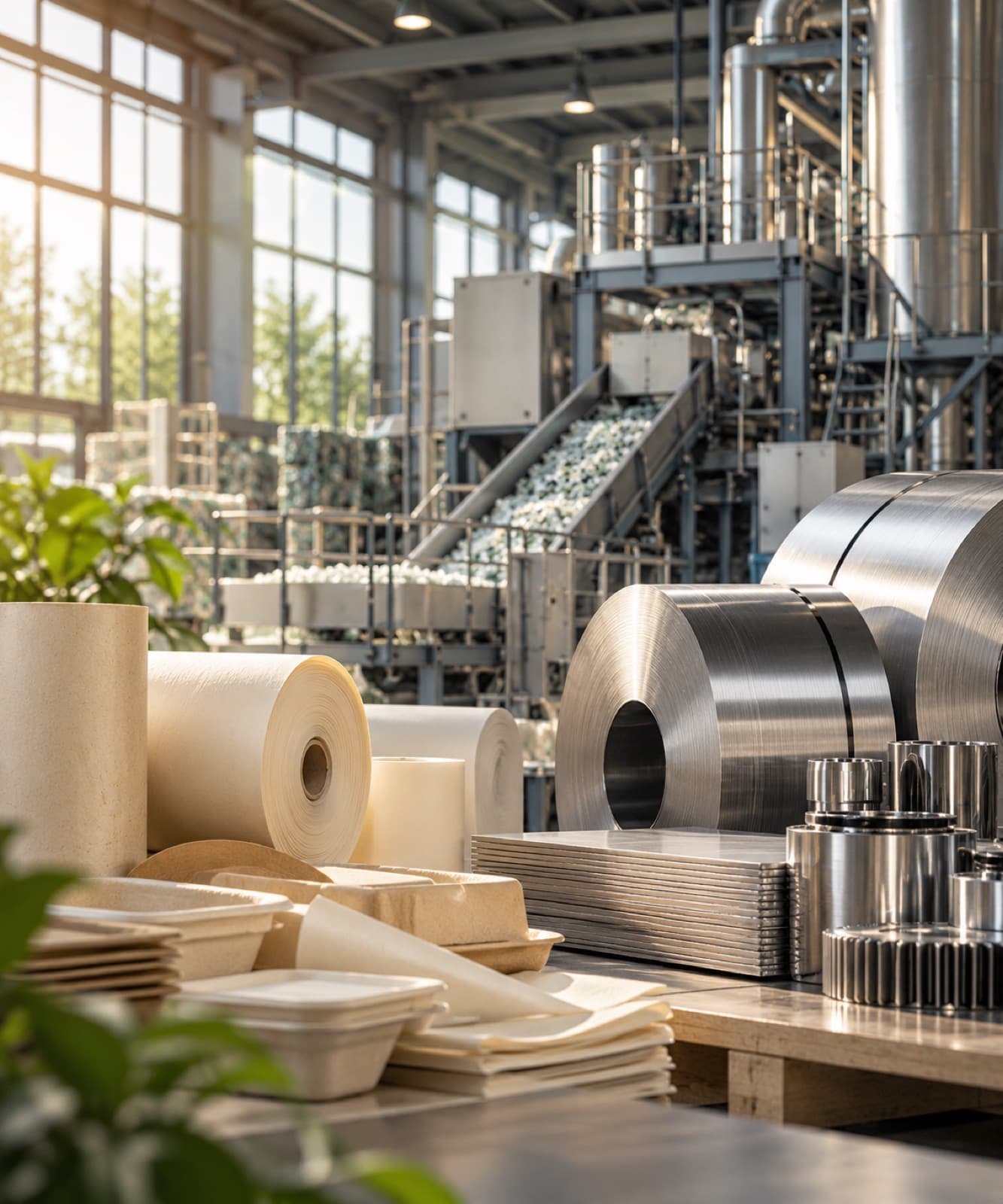 Processing facility with compostable packaging and steel coils